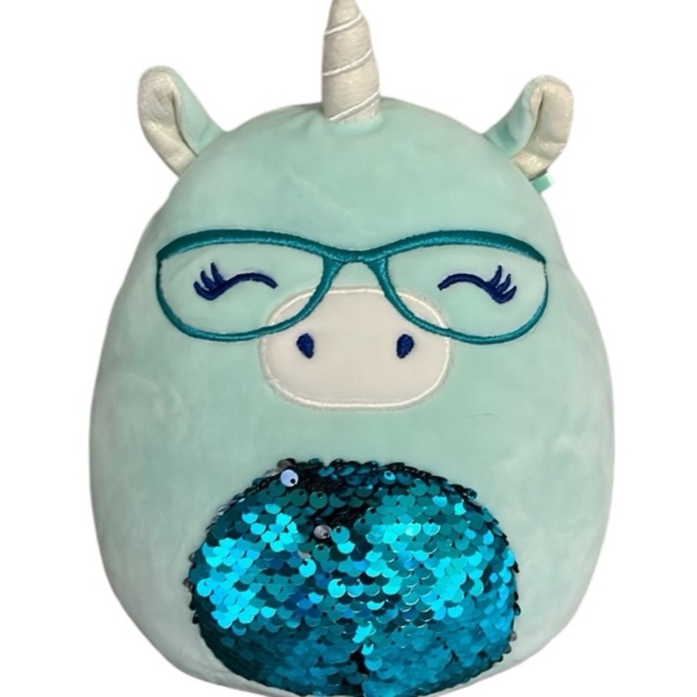 Squishmallow Unicorn Pig Sequence Teal Glasses Blue Soft 7”